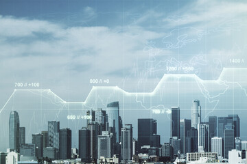 Poster - Double exposure of abstract creative statistics data hologram on Los Angeles office buildings background, analytics and forecasting concept
