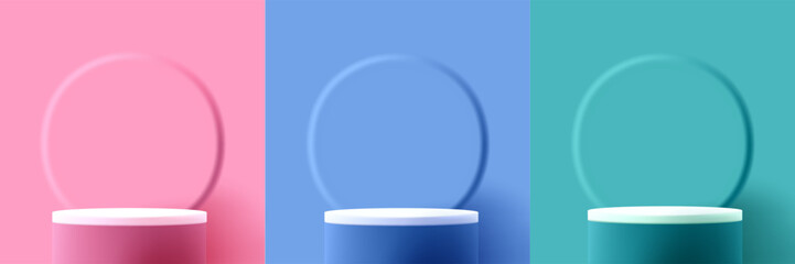 Set of 3d render realistic cylinder podium. Backdrop with convex circle and same color pedestal with white top