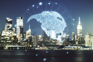 Poster - Virtual digital map of North America on New York city skyline background, international trading concept. Multiexposure