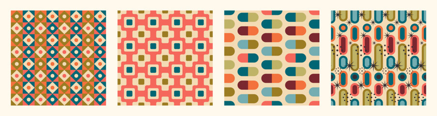 Set of Aesthetic mid century printable seamless pattern with retro design. Decorative 50`s, 60's, 70's style Vintage modern background in minimalist mid century style for fabric, wallpaper or wrapping