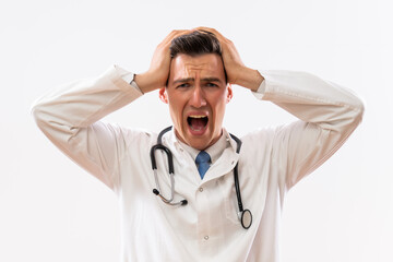 Wall Mural - Image of overworked  doctor shouting.