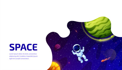 Poster - Space landing page. Cartoon astronaut in outer space of alien galaxy with fantasy planets, asteroids and comets on starry sky vector background. Business company, project website landing page template