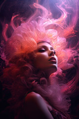 Wall Mural - portrait of a woman with pink illuminated hair. Generative Ai.