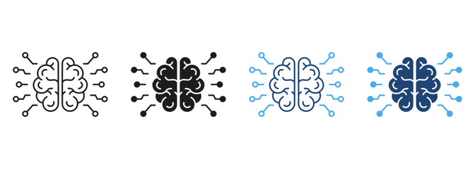 Poster - Artificial Intelligence Line and Silhouette Color Icon Set. Human Brain and Network Technology Concept Pictogram. AI Innovation Symbol Collection on White Background. Isolated Vector Illustration