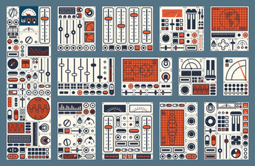 Leinwandbilder - Retro dashboard. Control panel dial, switch, knob, buttons. Spaceship console with old computer screens, vector ship instrument panel or airplane cockpit with displays and gauges, indicators, levers