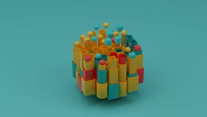Poster - loop 3d animation of a set of many round and square pipes and balls with cubes that fly out and retu