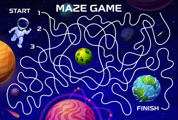 Poster - Cartoon space labyrinth maze. Help to astronaut find the Earth planet vector game puzzle quiz. Find right way game worksheet with space map, alien galaxy planets, stars, asteroids and spaceman