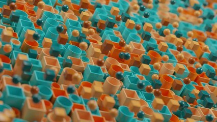 Poster - loop 3d animation of a set of tubes of round and square cross-section from which balls and cubes fly
