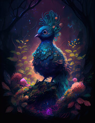 Small charming flower peacock in an enchanted forest, in the style of a magical animal, fantasy art.