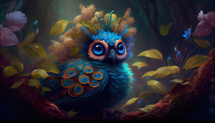 Wall Mural - Small charming flower peacock in an enchanted forest, in the style of a magical animal, fantasy art.