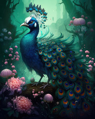 Wall Mural - Small charming flower peacock in an enchanted forest, in the style of a magical animal, fantasy art.