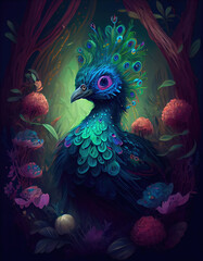 Wall Mural - Small charming flower peacock in an enchanted forest, in the style of a magical animal, fantasy art.