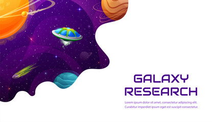 Poster - Space landing page. Cartoon alien UFO spaceship in galaxy with fantasy planets, fire asteroids, stars and comets. Space research landing page vector template for business company website, astronomy