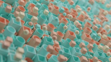 Poster - loop 3d animation of a set of tubes of round and square cross-section from which balls and cubes fly