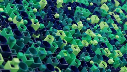 Poster - loop 3d animation of a set of tubes of round and square cross-section from which balls and cubes fly