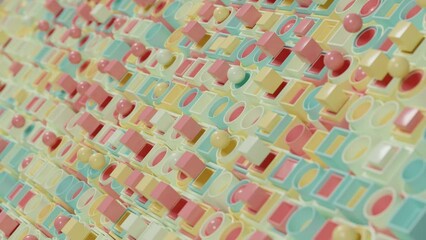 Poster - Loop 3d animation of an abstract background in motion. Sets of pipes, spheres and cubes in reciprocating motion. Abstract background, banner, desktop screensaver.