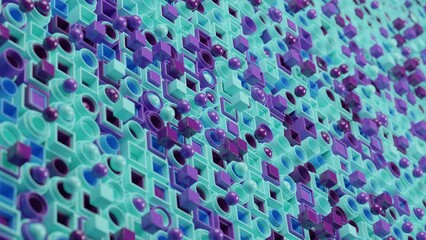 Poster - loop 3d animation of a set of tubes of round and square cross-section from which balls and cubes fly