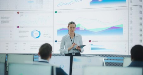 Fototapete - Caucasian Female Project Manager With Tablet Computer Is Giving Presentation To Diverse Employees In Front of Big Digital Screen In Monitoring Room. Team Of Data Scientists Listening To New Objectives