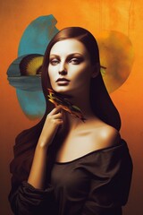 Wall Mural - Woman on yellow background. Magazine cover. Beautiful illustration picture. Generative AI