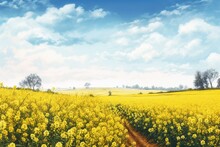 Watercolor Illustration Of A Field Of Rapeseed Flowers Under A Blue Sky. Generative AI
