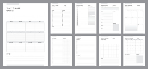 Poster - Planner page templates, daily diary or business schedule list notebook, vector printable organizer. Planner calendar with day or week plan, school or business yearly planner with goals and to do list