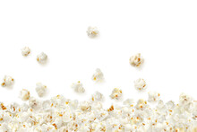 Realistic Falling Popcorn Background. Party Crunchy Snack, Fast Food Salty Sweetcorn Or Cinema Fluffy Meal Realistic Vector Background. Takeaway Sweet Dessert Banner Or Concept With Scattered Popcorn