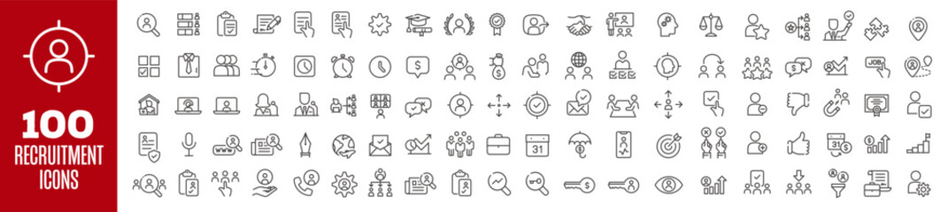 A collection of wireframe vector icons focused on recruitment and hiring, featuring symbols for job search, resumes, interviews, and onboarding.