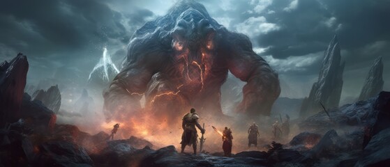 a warrior standing in front of a giant monster, fantasy scenery, generative ai