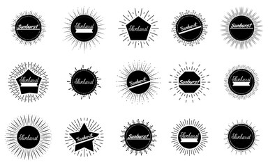 Poster - Set of vintage black badges with sunbeam. Retro sunburst badges collection