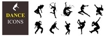Dance Icon Boy And Girl  Children Dancing Street Dance Silhouette Vector Illustration. Group People Dancing Silhouette Set. Figure Happy Active Young Men And Women Simple Cartoon Collection