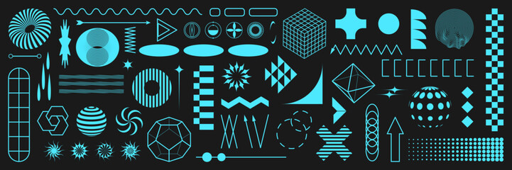 Retrofuturistic geometry elements set with icons and digital shapes for apparel, t-shirt, merch, posters, covers, flyers. Vector elements set vaporwave and y2k style abstract shapes.