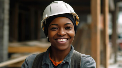 Woman builder, working at construction site, renovation, close up portrait, diversity - positive smiling, generative ai