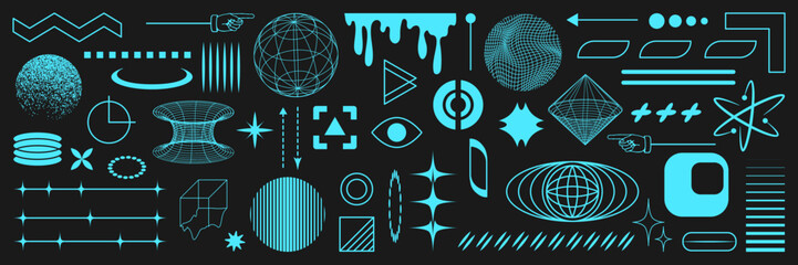 Retrofuturistic geometry elements set with icons and digital shapes for apparel, t-shirt, merch, posters, covers, flyers. Vector elements set vaporwave and y2k style abstract shapes.
