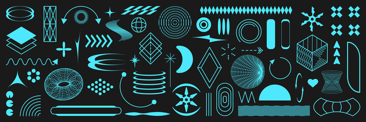 Retrofuturistic geometry elements set with icons and digital shapes for apparel, t-shirt, merch, posters, covers, flyers. Vector elements set vaporwave and y2k style abstract shapes.
