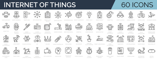 set of 60 line icons related to iot, internet of things, smart house, innovation. outline icon colle