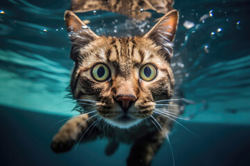  Cat Swimming Underwater In Pool. Generative AI