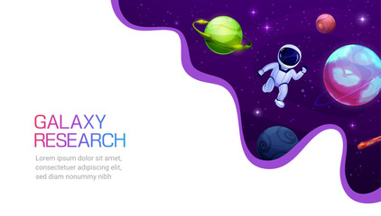 Poster - Galaxy research. Space landing page, cartoon astronaut in outer space landscape with vector fantasy planets, stars and shooting asteroid website background. Astronomy science web banner template