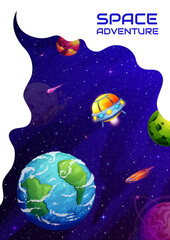 Poster - Space landing page. Cartoon UFO spaceship in galaxy. Company landing page template, business project social media vector homepage or startup launch banner with alien flying saucer, space planets