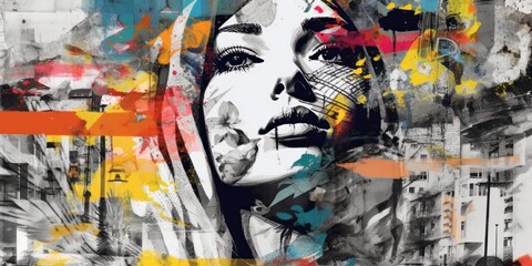 Poster - Face of the woman. Modern pop art collage, colored paper portrait. Beautiful illustration picture. Generative AI