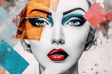 Poster - Face of the woman. Modern pop art collage, colored paper portrait. Beautiful illustration picture. Generative AI