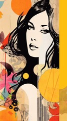 Fototapete - Fashionable woman. Modern pop art collage, colored paper portrait. Beautiful illustration picture. Generative AI