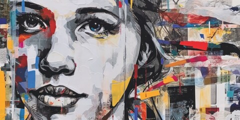 Poster - Colored paper portrait of the woman. Modern pop art collage. Beautiful illustration picture. Generative AI