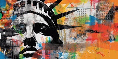 Poster - The famous statue. Modern pop art collage, colored paper portrait. Beautiful illustration picture. Generative AI