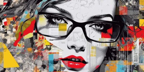 Poster - Fashionable woman. Modern pop art collage, colored paper portrait. Beautiful illustration picture. Generative AI