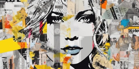 Poster - Vibrant colors, woman. Modern pop art collage, colored paper portrait. Beautiful illustration picture. Generative AI