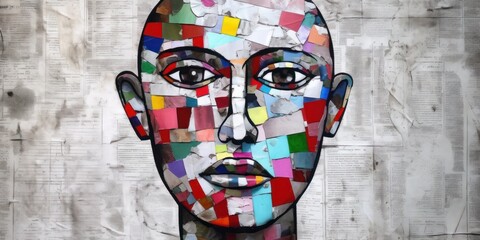 Fototapete - Female character face. Modern pop art collage, colored paper portrait. Beautiful illustration picture. Generative AI