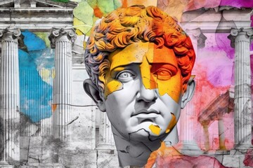 Wall Mural - Greek style statue of a man. Modern pop art collage, colored paper portrait. Beautiful illustration picture. Generative AI