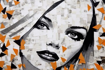 Fototapete - Female character face. Modern pop art collage, colored paper portrait. Beautiful illustration picture. Generative AI