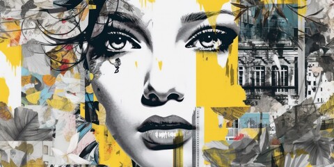 Fototapete - Close up portrait of woman. Modern pop art collage, colored paper. Beautiful illustration picture. Generative AI