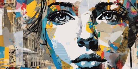 Fototapete - Close up portrait of woman. Modern pop art collage, colored paper. Beautiful illustration picture. Generative AI